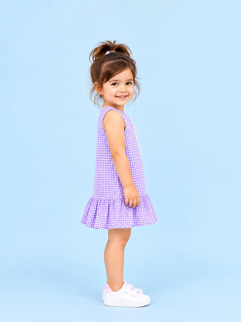 Girls Cotton Gingham Frock – Lavender Check Dress with White Bow Details