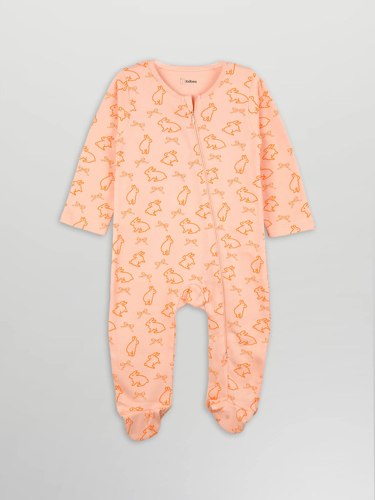 Organic Cotton Baby Romper – Soft Breathable Bunny Print Full Sleeve Zip Sleepsuit
