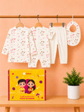 Organic Cotton Baby Gift Set – White Dog Print T-shirt, Pyjama, Half Romper & Bib For 0-18 Months (4 Piece Set)