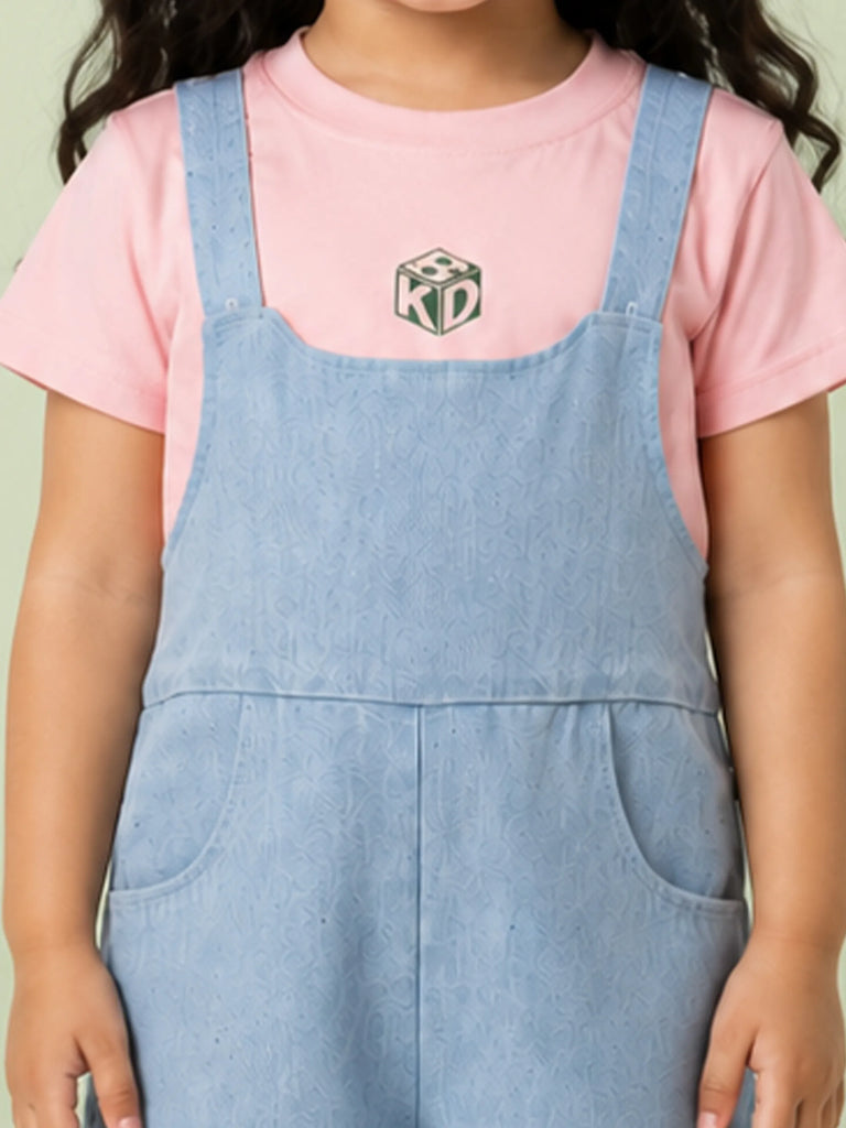 Girls Cotton Denim Dungaree Shorts with Pink T-Shirt Co-ord Set - Light Blue