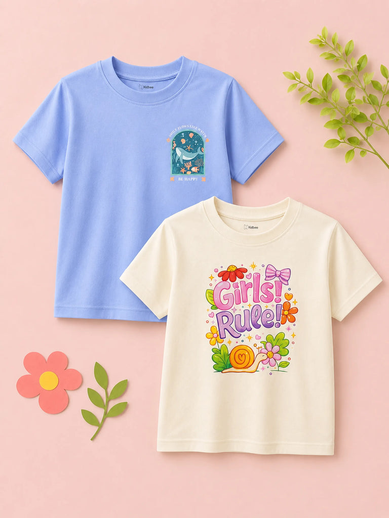 Bamboo Fabric Girls Half Sleeve T-Shirt Pack of 2 – Girls Rule & Ocean Graphic Print Soft Summer Tee Set