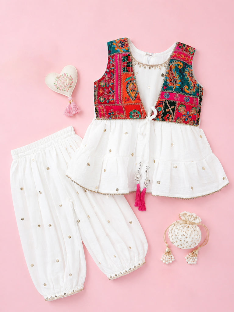 Girls White Ethnic Kurta & Dhoti Set – Multicolor Printed Jacket Festive Wear