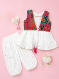 Girls White Ethnic Kurta & Dhoti Set – Multicolor Printed Jacket Festive Wear