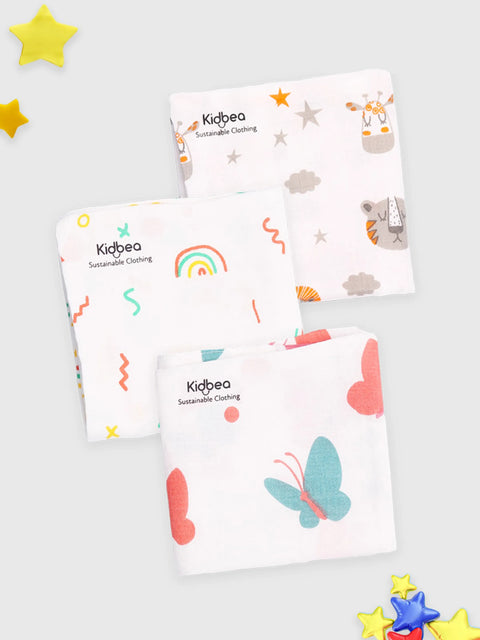 Muslin Premium Ultra Soft doubled layer Napkin Multicolor - Pack of 3 | Tiger, Rainbow & Butterfly