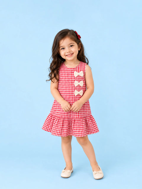Girls Cotton Gingham Frock – Red Check Dress with White Bow Details