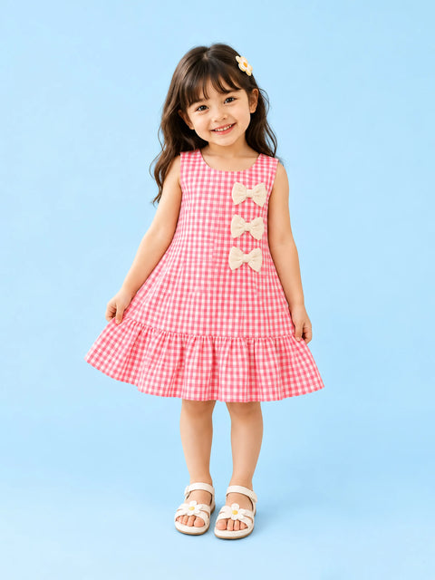 Girls Cotton Gingham Frock – Pink Check Dress with Bow Details