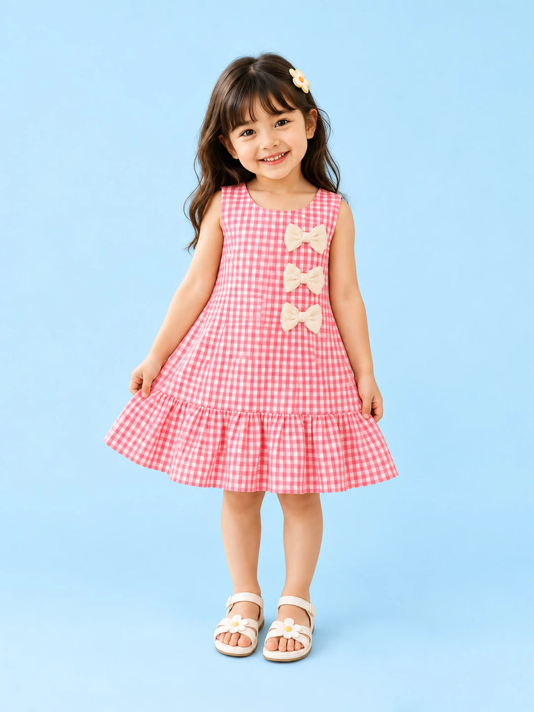 Girls Cotton Gingham Frock – Pink Check Dress with Bow Details