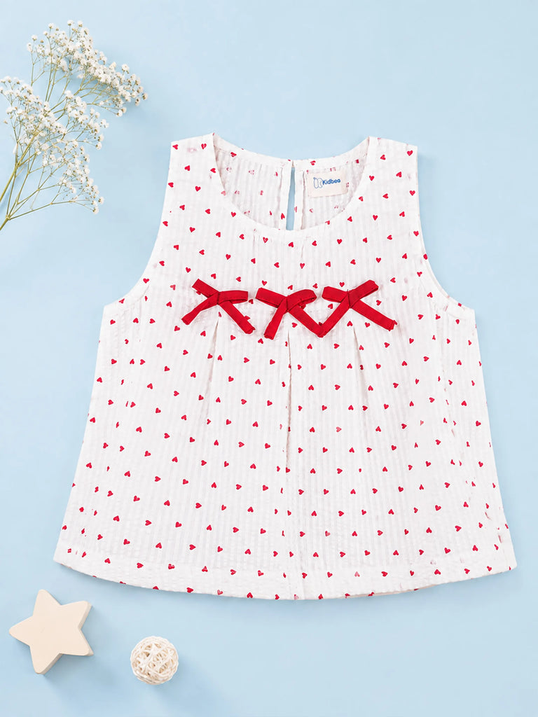 Girls Cotton White Heart Print Top
