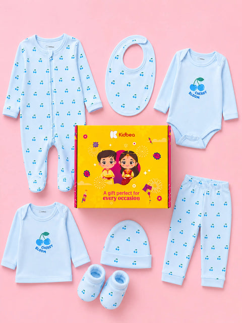 Organic Cotton Baby Gift Set Pack of 7 – Cherry Print Clothing & Accessories Set for Baby