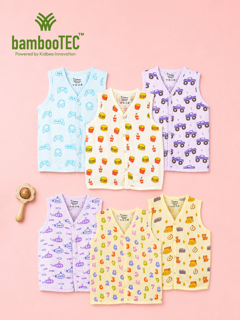 BambooTEC™ Bamboo Muslin Baby Jhabla Pack of 6 – Gaming, Fast Food, Monster Truck, Submarine, Numbers & Teddy Prints