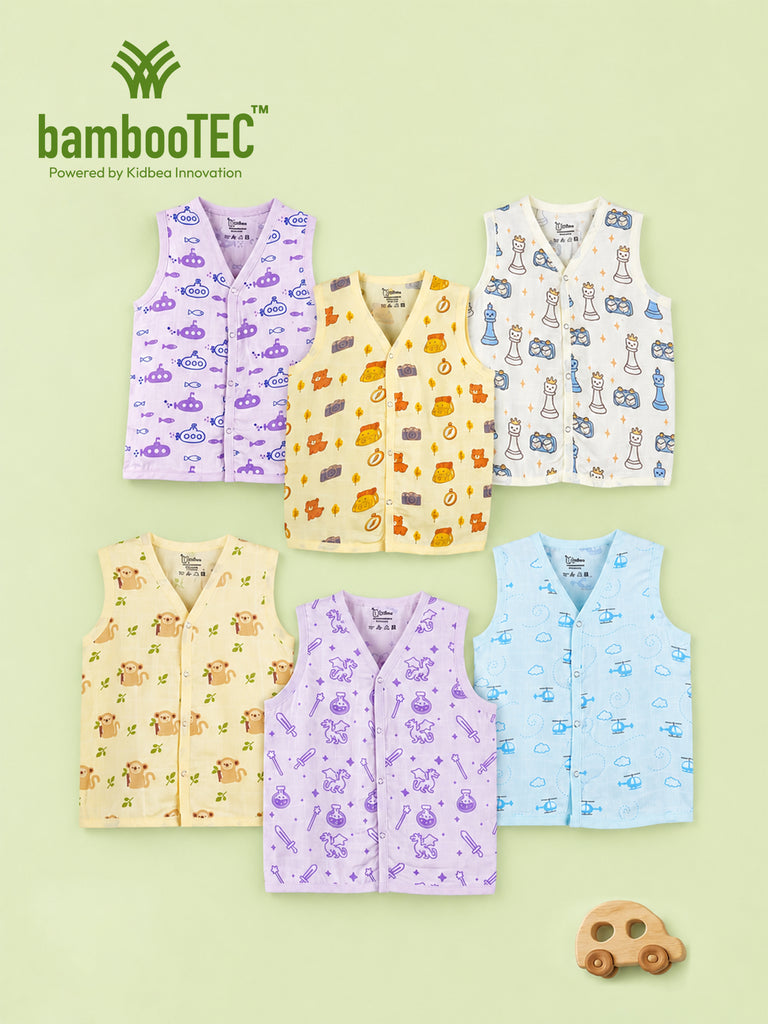 BambooTEC™ Bamboo Muslin Baby Jhabla Pack of 6 – Submarine, Travel, Chess, Monkey, Magic & Helicopter Prints