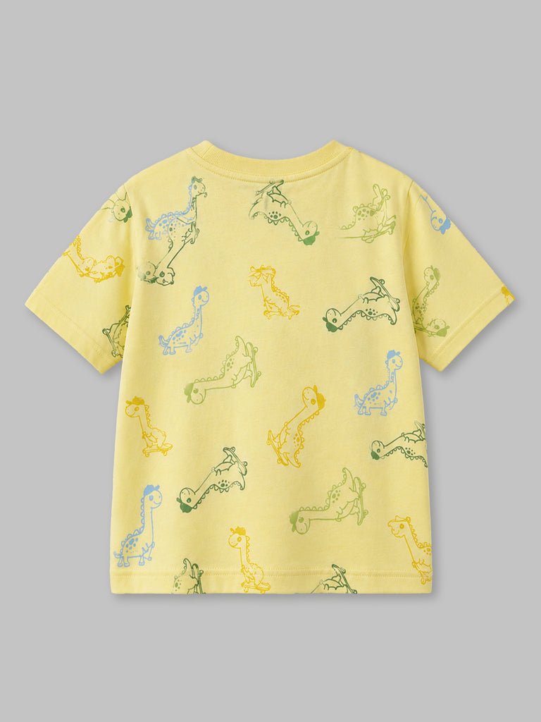 Boys Organic Cotton Yellow Round Neck All-Over Dinosaur Print T-Shirt