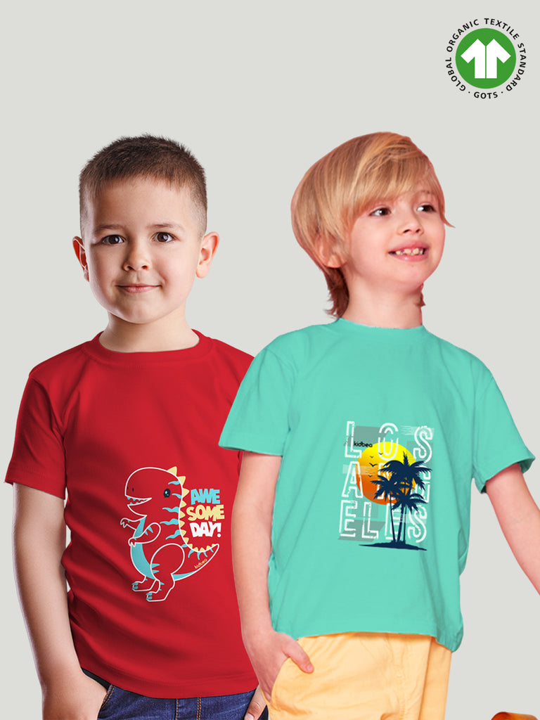 Kidbea 100% Cotton fabric boys tshirt combo | Pack of 2 | Awesome & Los Angeles
