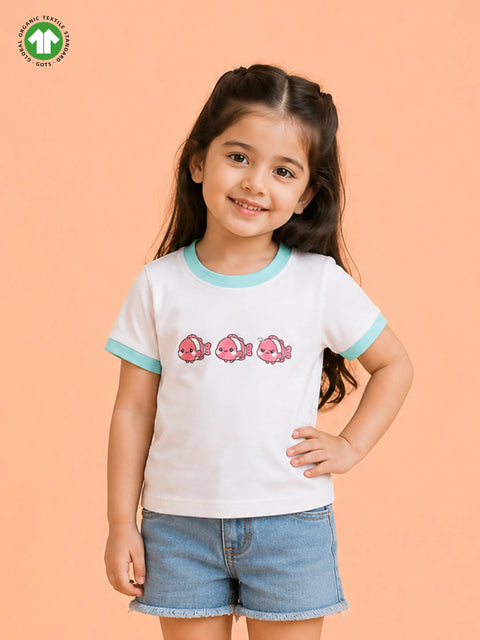 Girls White Organic Cotton Round Neck Fish Print T-Shirt
