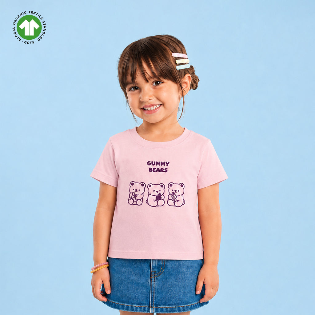 Girls Light Organic Cotton Pink Gummy Bears Round Neck T-Shirt
