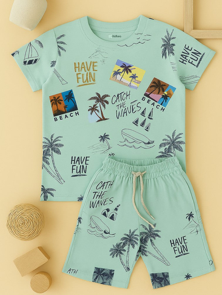 Kidbea Boys Beach Theme Co-Ord Set | Summer Cotton T-Shirt and Shorts for Boys | Cyan