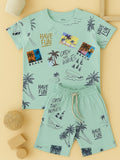 Kidbea Boys Beach Theme Co-Ord Set | Summer Cotton T-Shirt and Shorts for Boys | Cyan