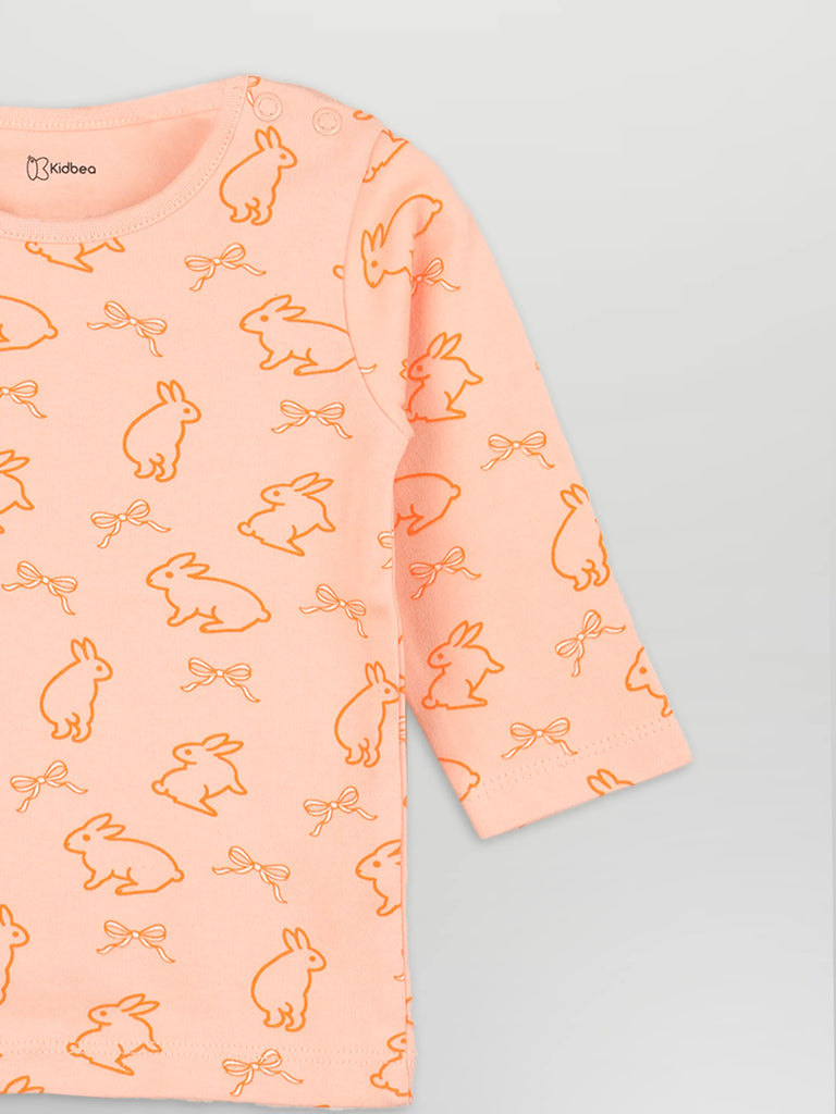 Organic Cotton Unisex Baby Co-ord Set – Soft Breathable Peach Bunny Print Full Sleeve T-Shirt & Pyjama Set for Infants