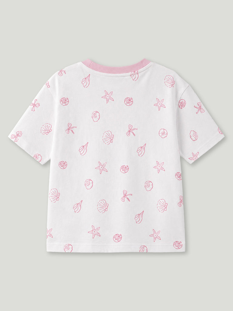 Girls White Organic Cotton Round Neck Tiny Floral Print T-Shirt