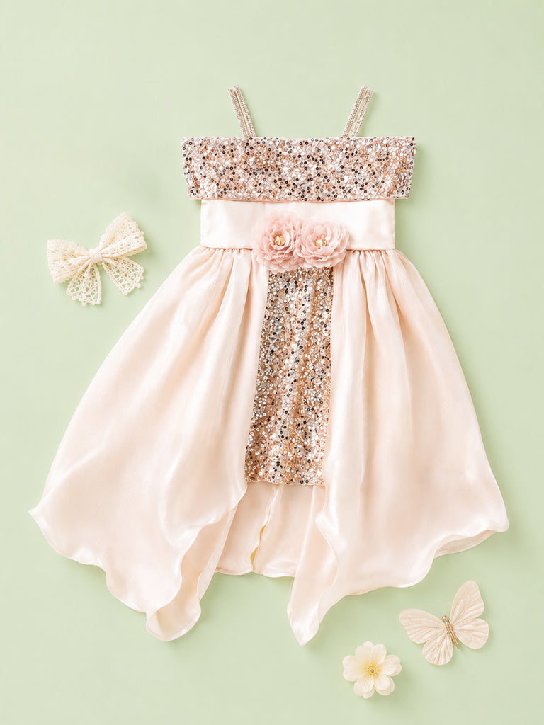 Girls Pink Partywear Frock – Sequin & Floral Embellished High-Low Dress