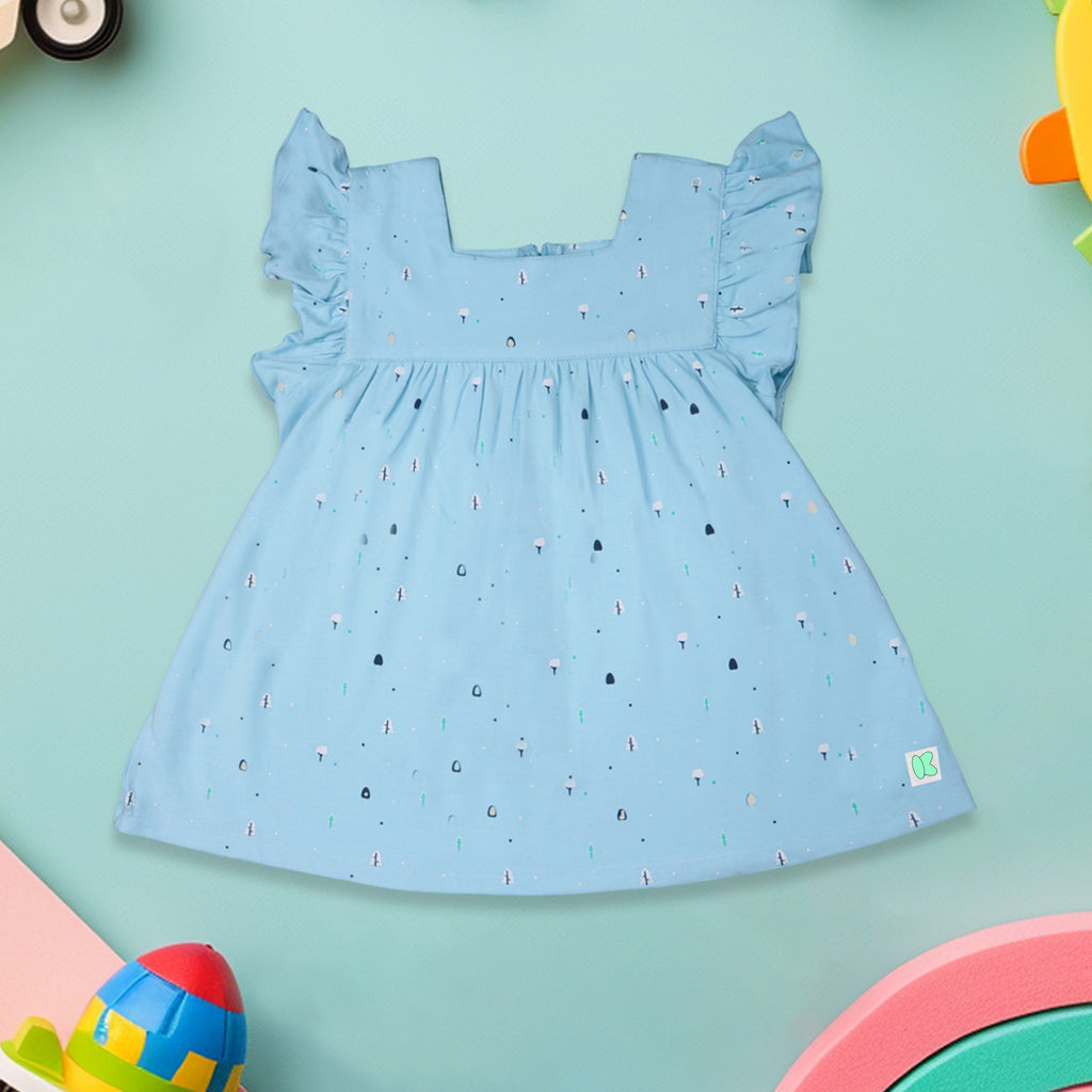 100% Bamboo Ultra-Soft Premium Fabric Baby Girl Frock with ruffled sleeves - Blue