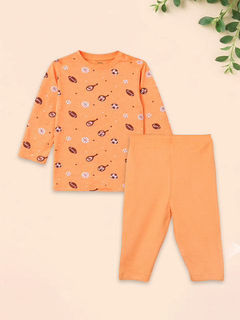 Organic Cotton Unisex Baby Co-ord Set – Soft Breathable Orange Sports Print Full Sleeve Top & Pants for Infants