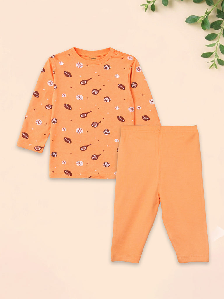 Organic Cotton Unisex Baby Co-ord Set – Soft Breathable Orange Sports Print Full Sleeve T-shirt & Pyjama  for Infants