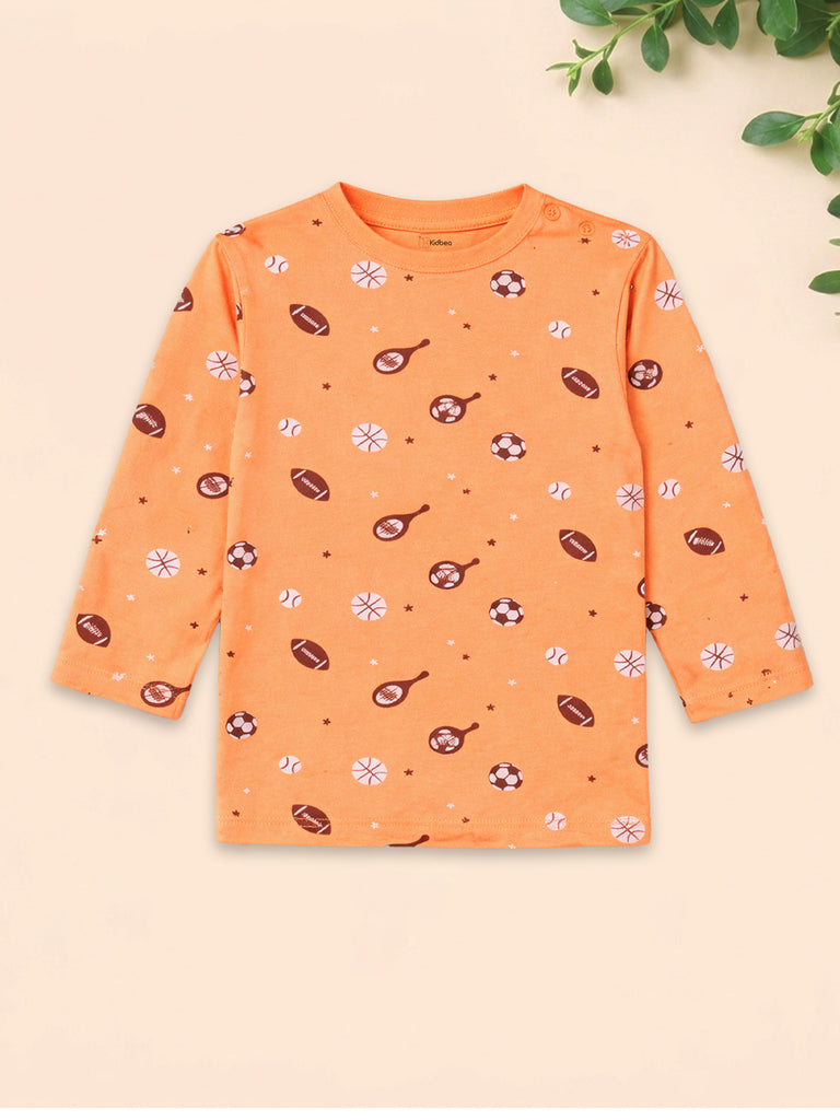 Organic Cotton Unisex Baby Co-ord Set – Soft Breathable Orange Sports Print Full Sleeve T-shirt & Pyjama  for Infants