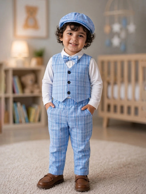 Baby Boy Checked Waistcoat Suit Set | Formal Shirt, Pants & Cap & Bow