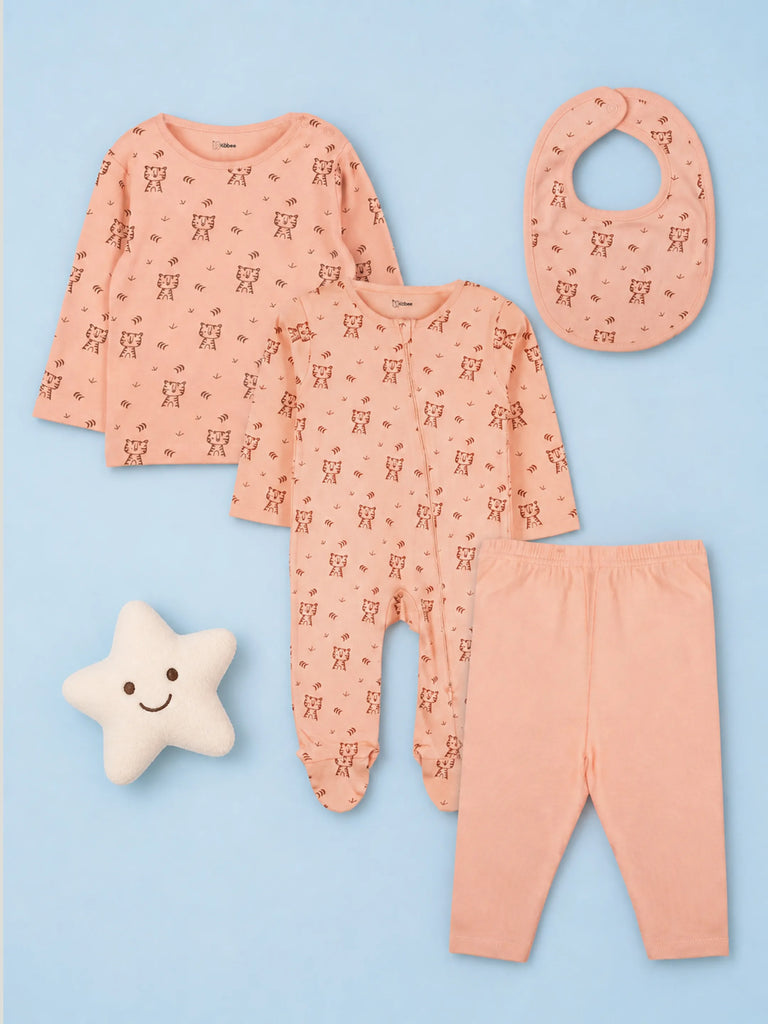 Organic Cotton Baby Gift Set – Tiger Print T-Shirt, Pyjama, Full Romper & Bib for 0–18 Months (4 Piece Set)