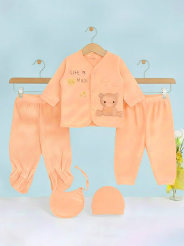 Unisex Baby Winter Wear – 5 Piece Cozy Cotton Set with Cardigan, Pants, Footed Bottom, Cap & Bib
