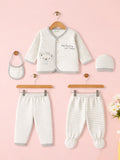Unisex Baby Winter Wear – 5 Piece Cozy Cotton Set with Cardigan, Pants, Footed Bottom, Cap & Bib