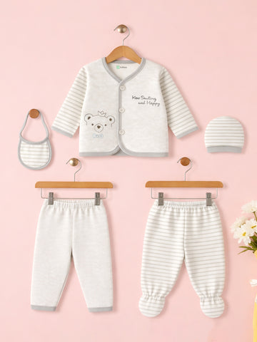 Unisex Baby Winter Wear – 5 Piece Cozy Cotton Set with Cardigan, Pants, Footed Bottom, Cap & Bib