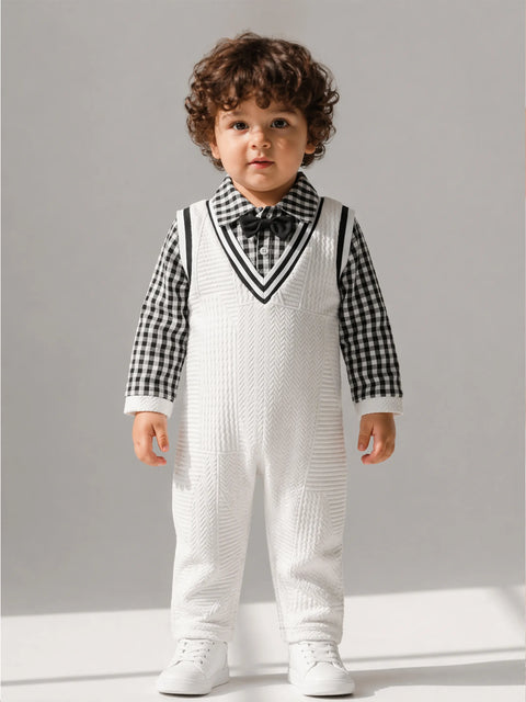 Baby Boy Formal Romper with Bow Tie – Soft Cotton Check Shirt Style Party Outfit for Infants