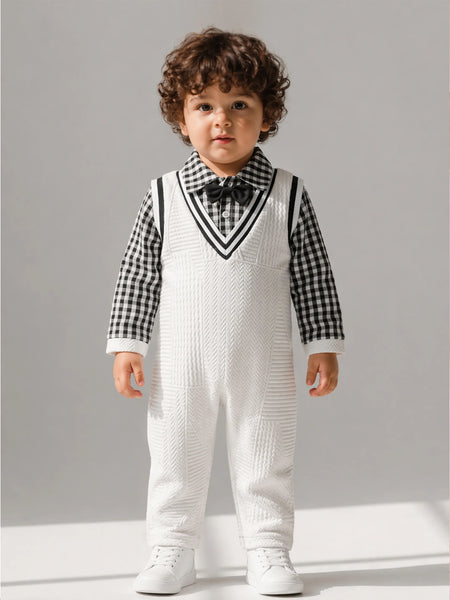 Baby Boy Formal Romper with Bow Tie – Soft Cotton Check Shirt Style Party Outfit for Infants