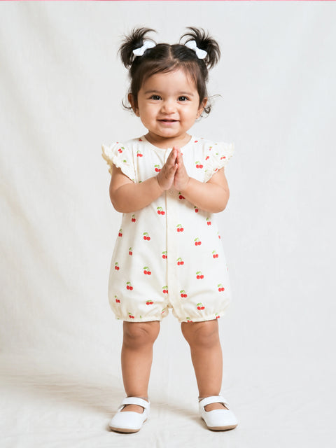 Baby Girl Cherry Print Romper with Ruffle Sleeves