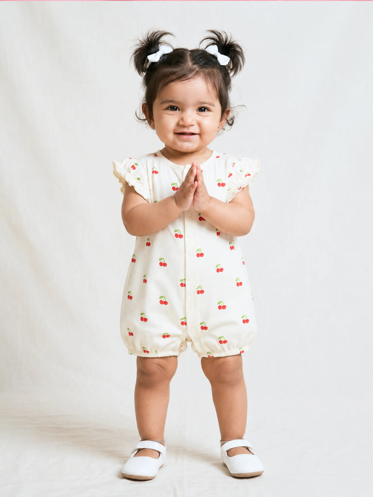 Baby Girl Cherry Print Romper with Ruffle Sleeves