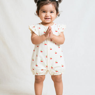 Baby Girl Cherry Print Romper with Ruffle Sleeves