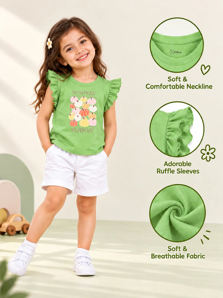 Girls Green Top – Pumpkin Season Print with Ruffle Sleeves