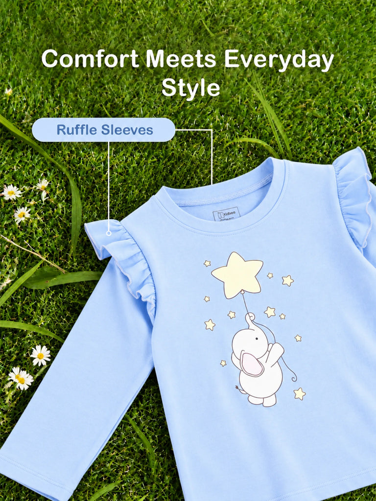 Girls Blue Full-Sleeve Top – Star & Elephant Print