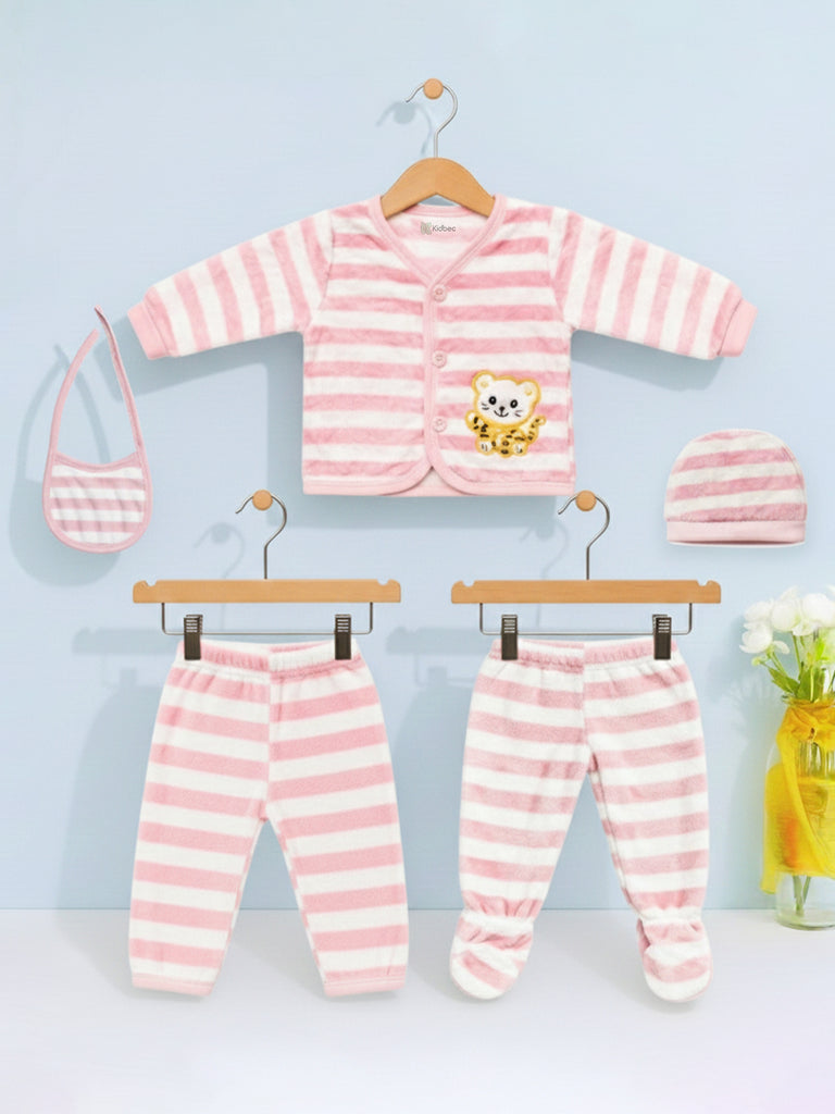 Unisex Baby Winter Wear – 5 Piece Cozy Cotton Set with Cardigan, Pants, Footed Bottom, Cap & Bib