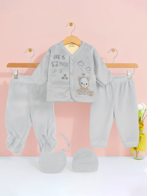 Unisex Baby Winter Wear – Pack of 5 Cozy Set with Cardigan, Pants, Footed Pants, Cap & Bib