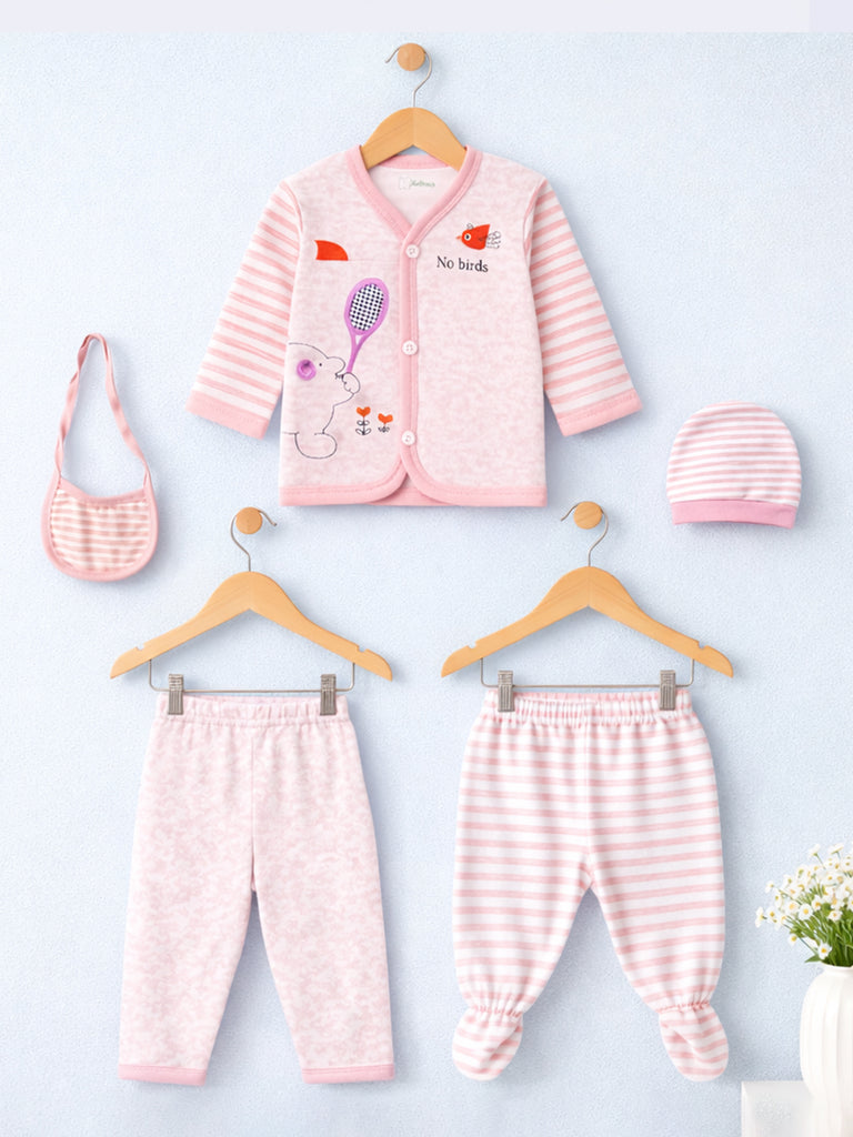 Unisex Baby Winter Wear – Pack of 5 Cozy Set with Cardigan, Pants, Footed Pants, Cap & Bib