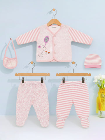 Unisex Baby Winter Wear – 5 Piece Cozy Cotton Set with Cardigan, Pants, Footed Bottom, Cap & Bib