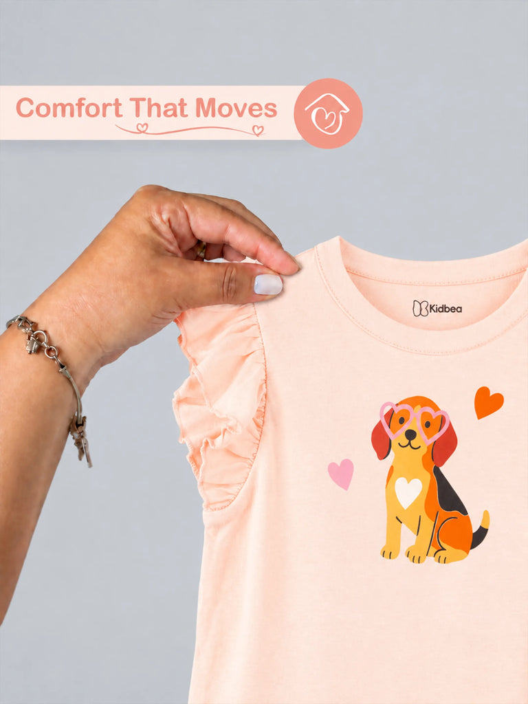 Girls Peach Top – Cute Puppy Print with Ruffle Sleeves
