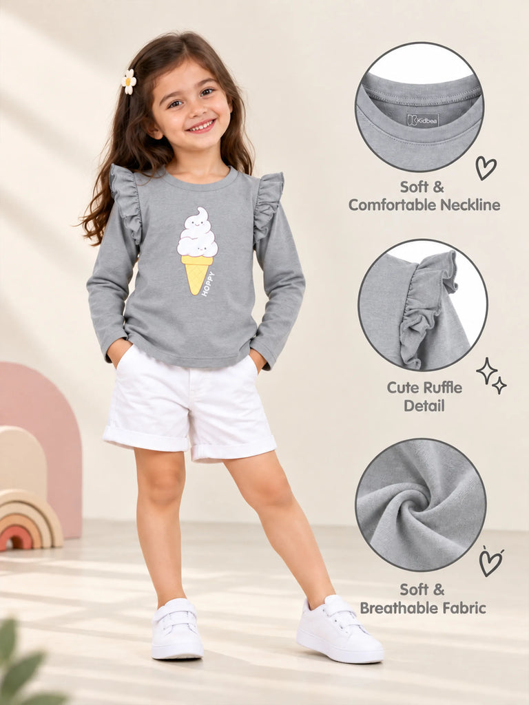 Girls Grey Full-Sleeve Top – Ice Cream Bunny Print