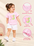 Girls Pink Top – Happy Floral Letter Print with Ruffled Edges