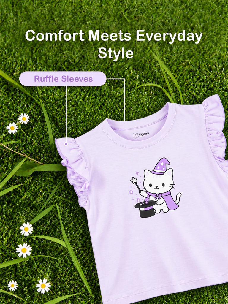 BambooTEC™ Bamboo Girls Lavender Top – Magic Cat Print with Ruffle Sleeves