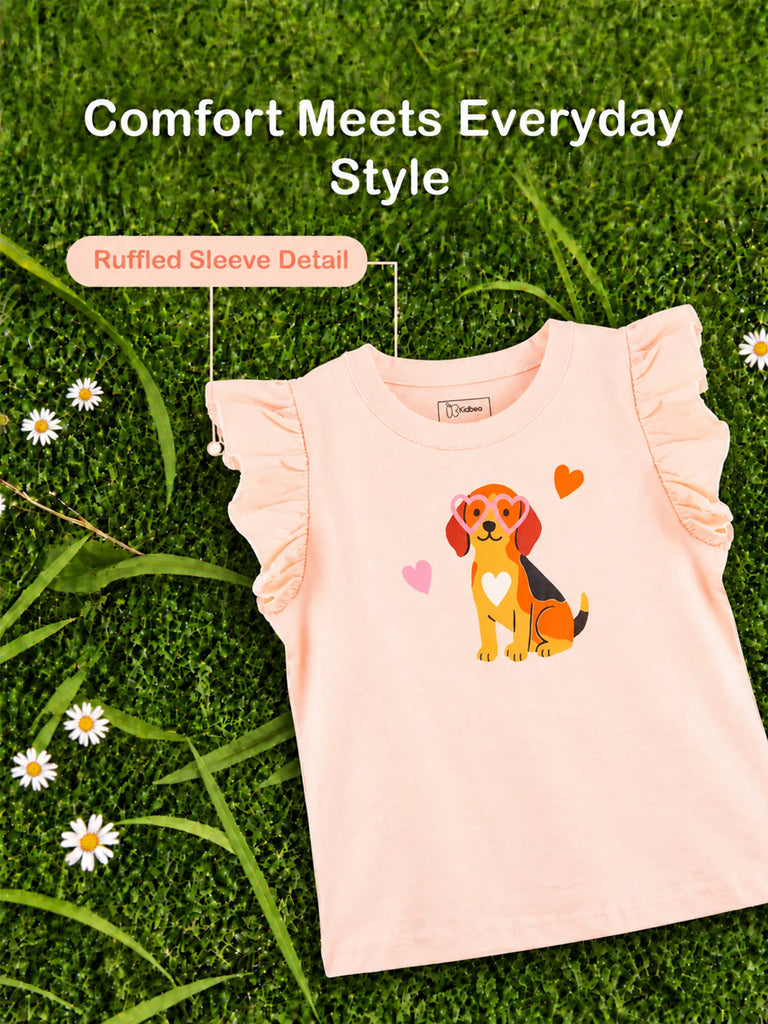 Girls Peach Top – Cute Puppy Print with Ruffle Sleeves