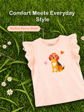 Girls Peach Top – Cute Puppy Print with Ruffle Sleeves